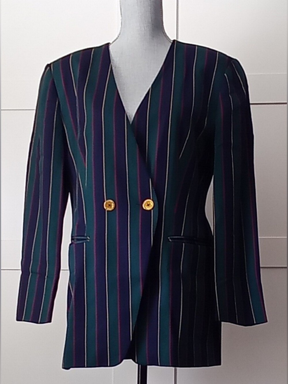 Striped Double-Breasted Blazer - Green/Purple
